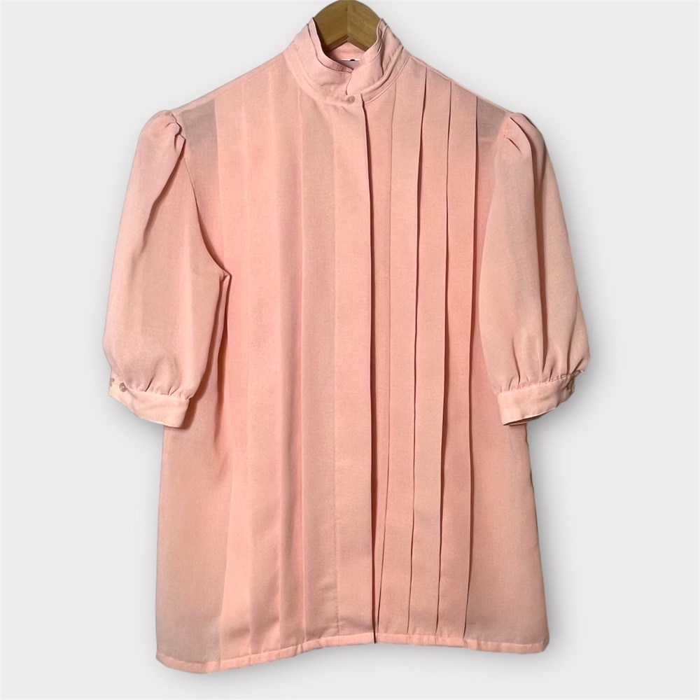 Vintage Poet by Nicola Coral Pleated High Collar Blouse Top - Picture 2 of 8